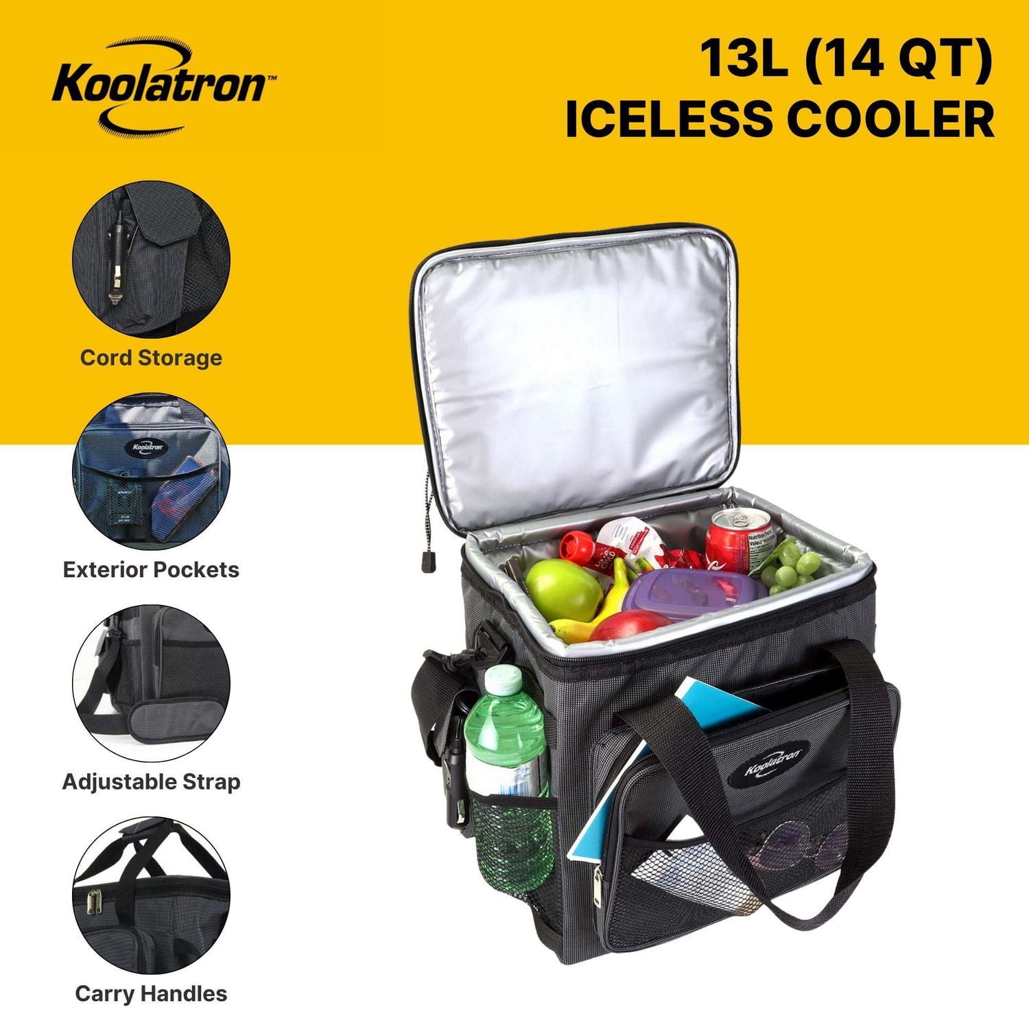 Koolatron 12V Electric Cooler Bag, 13L (14qt), Thermoelectric Soft Bag Cooler, Iceless Portable Fridge, Gray/Black