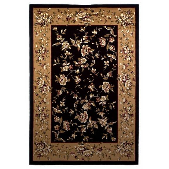 3'x5' Black Beige Machine Woven Floral Vines Indoor Area Rug