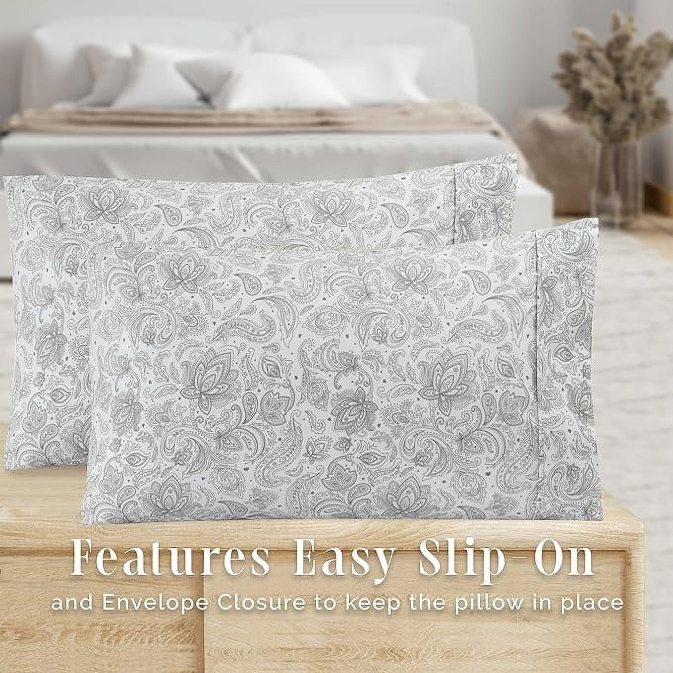 Elegant Comfort Set of 2 Ultra Soft Floral Pint Pillowcases - 1500 Hotel Quality Microfiber, Smooth Envelope Closure - King, Paisley Gray