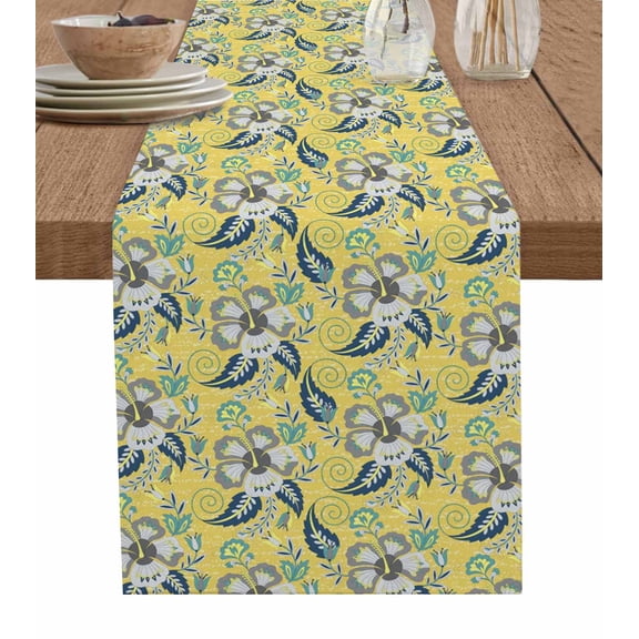 Yellow Cashew Flower Table Runner 72 Inches, Retro Ethnic Abstract Country Bed Runner Dresser Scarves Tabletop for Indoor Outdoor Parties/Ceremony/Banquet, 13" x 72"