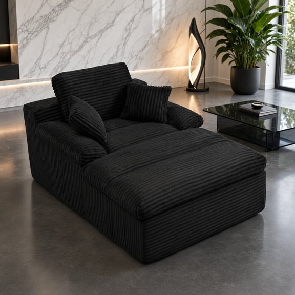 Chaise Lounge Chair Indoor, Oversized Boneless Couch with Wide Armrests & Dual-Layer Cushion, No Assembly Cloud Reading Chair for Bedroom, Black
