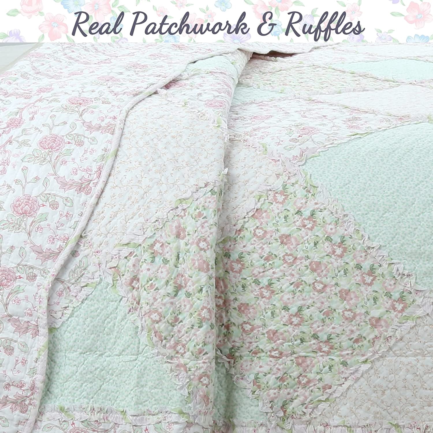 Cozy Line Pink Rosa Floral Real Patchwork 100% Cotton 2-Piece Reversible Quilt Bedding Set, Twin