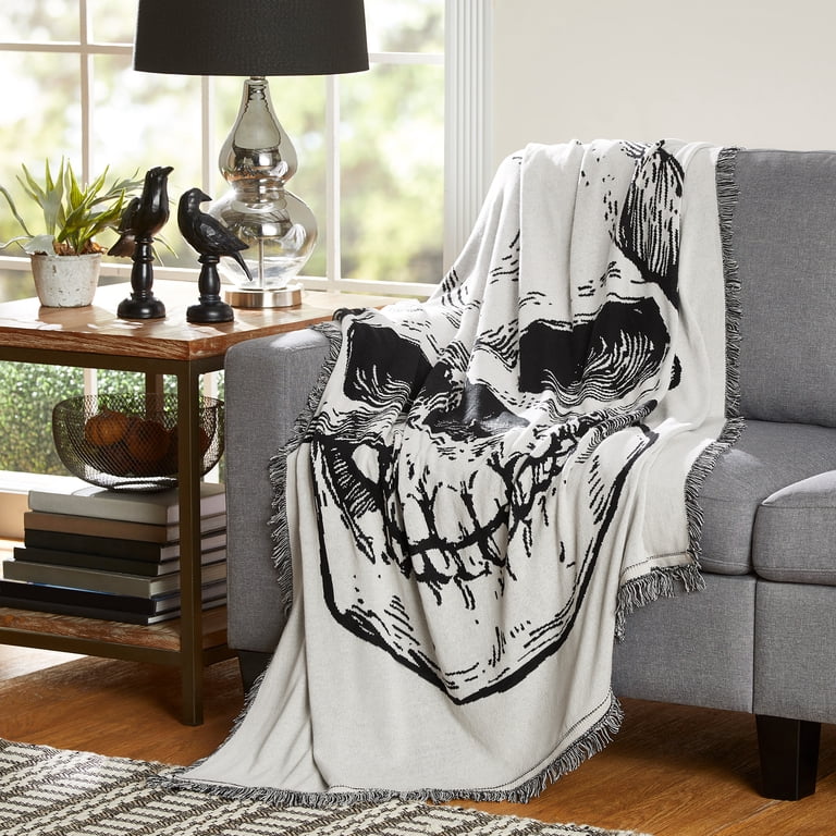 Way to Celebrate Halloween Soft Touch Black & White Skull Jacquard
