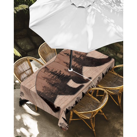 Outdoor Tablecloth with Umbrella Hole, Bear Vintage Forest Pine Tree Zippered Table Cloth for Rectangle Tables, Country Wooden Plank Washable Waterproof Tablecloths for Picnic Patio Garden