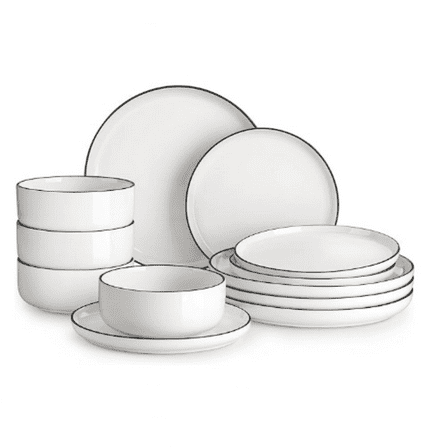 Plates and Bowls Sets, 12 Pieces  Porcelain Dinnerware Set for 4 White Kitchen Dinner Dining Ware Set wtih Black Rim Ceramic Dishware Dishes Microwave and Dishwasher ,