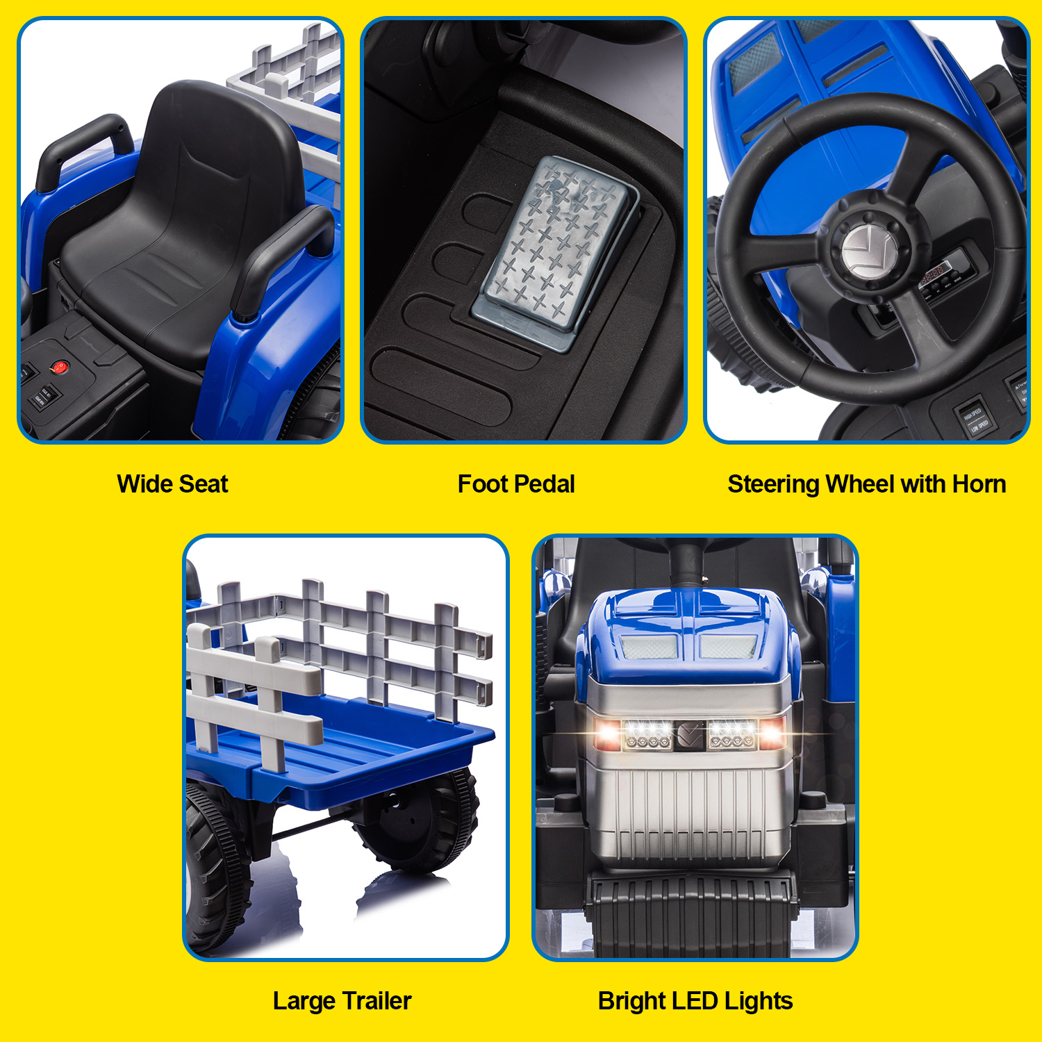 XCLOUD 12V Toy Tractor with Trailer, Remote Control, Kids' Electric Excavator Vehicles with 2x35W Dual Motor, Treaded Tires, LED Lights, USB, Music, Blue
