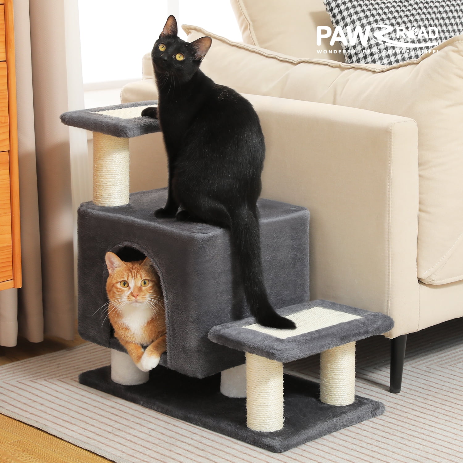 PAWZ Road 21.3" Dog Stairs with Scratching Post 3-Step Pet Stairs with Cat Condo for Small Dog Dark Gray