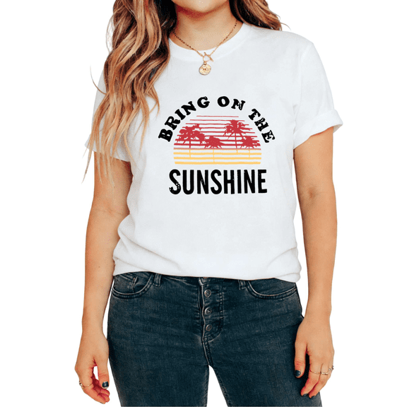 UNISHE Women's Bring On The Sunshine Palm Tree Retro Sunset Graphic Tops Short Sleeve T-Shirt Casual Tees