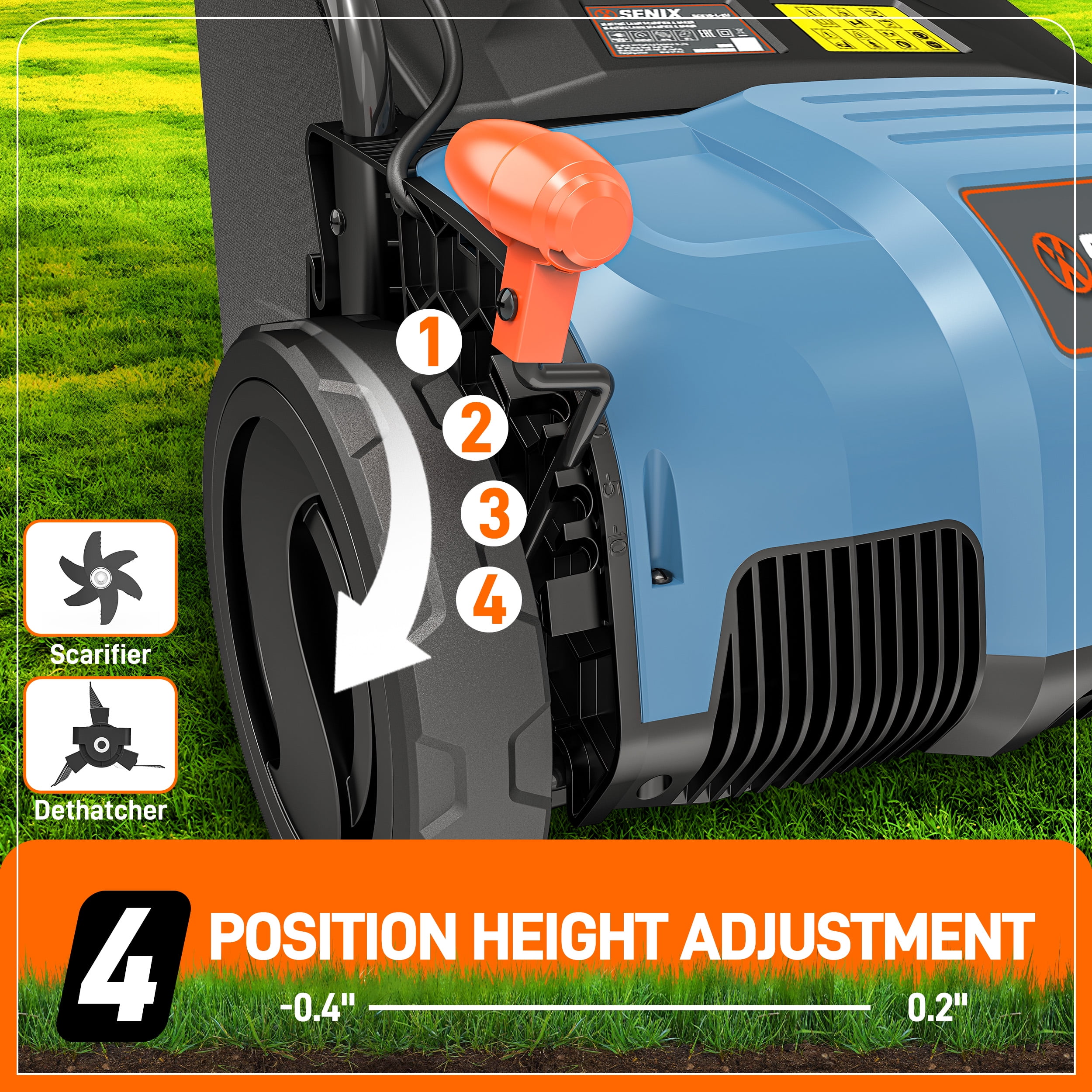 SENIX Corded Dethatcher/Scarifier 2 in 1, 12.6" 12Amp, 4-Position Adjustment with Collection Bag, SCE12-L1