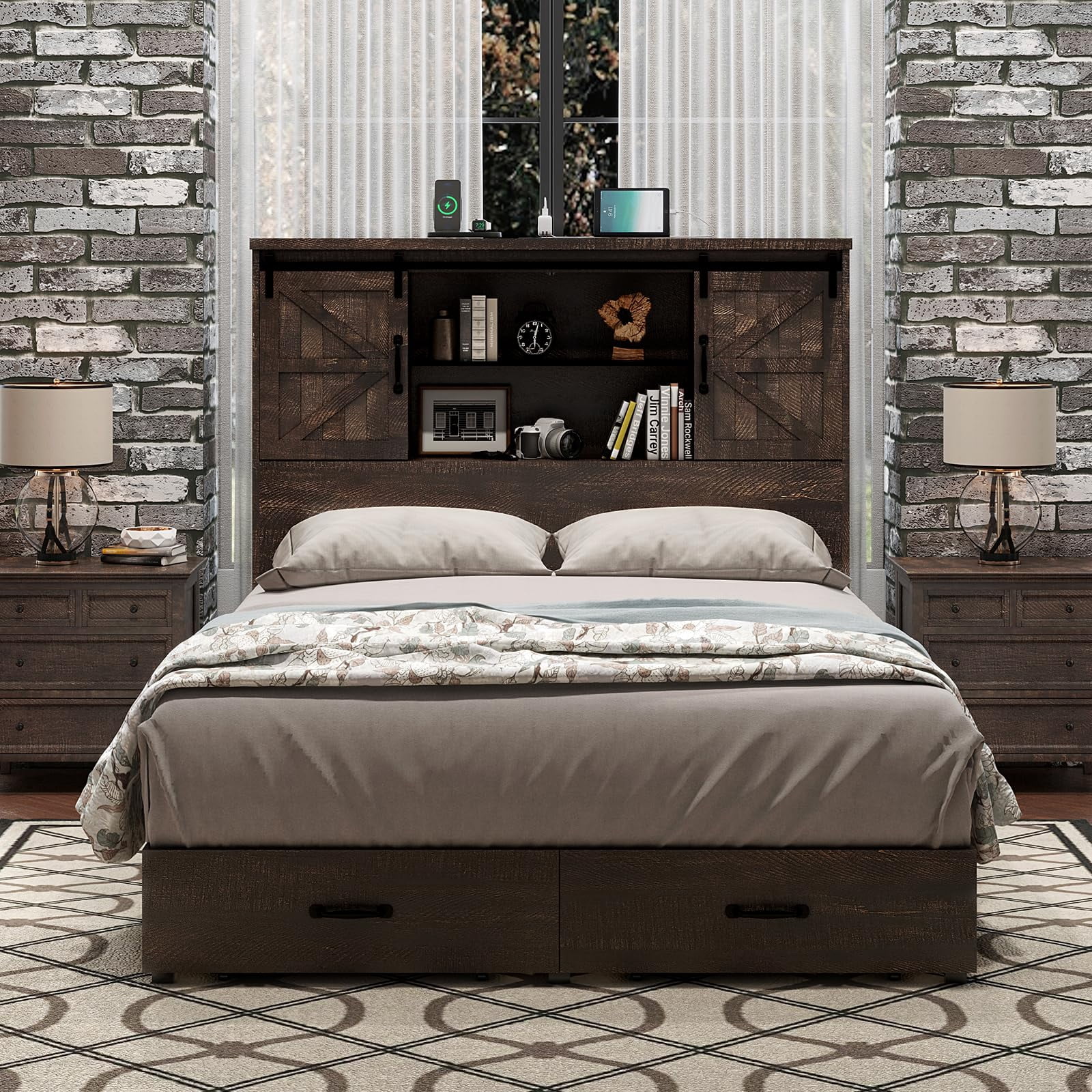VanAcc Queen Size Wooden Platform Storage Bed Frame with 51.2" Wood Bookcase Headboard(Brown)