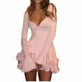 thumbnail image 2 of Women'S Long Sleeve Wedding Guest Dresses Sexy Deep V Neck Flare Ruffle Bodycon Dress Pink M, 2 of 8