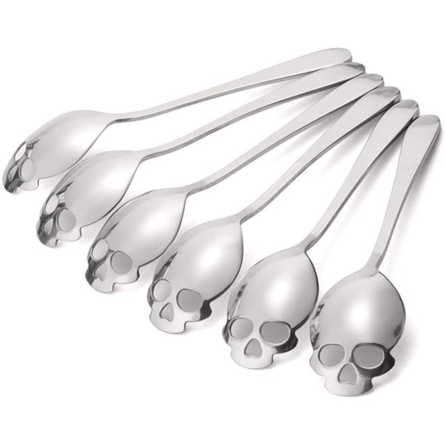 Juego de 6 cucharillas de calavera de acero inoxidable, cuchara de azúcar de calavera de 15 cm, cuchara de café apta para lavavajillas, cuchara de calavera, serie cuchara de calavera Xemadio LKX-0379