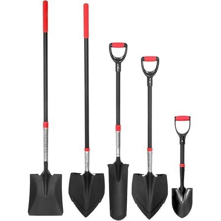 SHARK ATTACK 5-Piece Steel Shovel Set with D-Grip Handles - Multi-Size Garden Shovels with Powder Coating for Digging Planting & Car Emergency