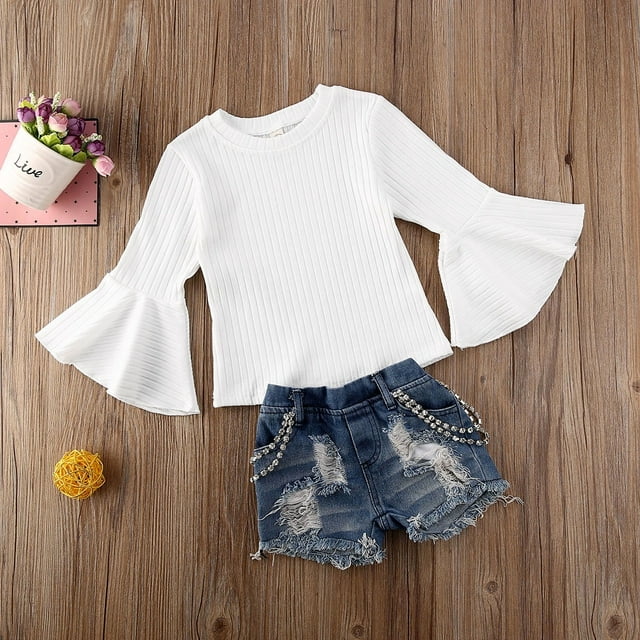 Girl Suit Baby Swing Knitting Top Wide Sleeve Short Chain Jeans White Loose Sweater Spring Fall