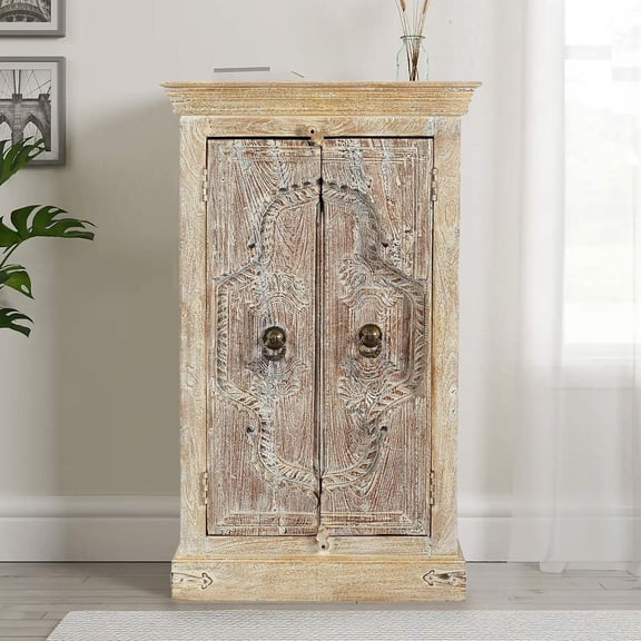 Vintage Carved 2 Doors Upcycled 48 in. Rustic Cabinet | Rustic Handmade Antique 2 Shelve Cabinet | Farmhouse Solid Wood Handcarved Cabinet
