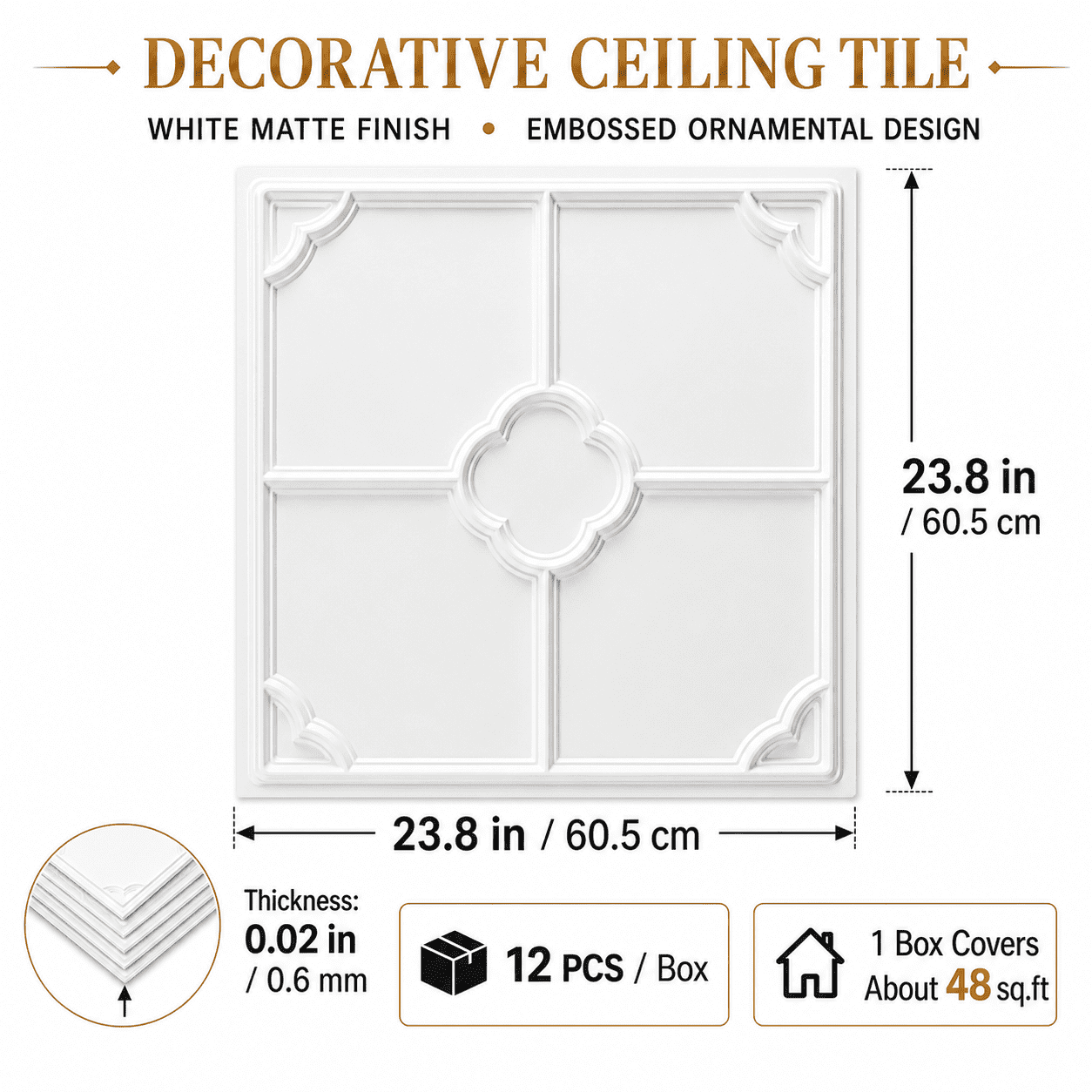 Yeslife 12-Pack Decorative Ceiling Tiles, 2 x 2 ft White Embossed Panels, Waterproof Lightweight Drop-in Glue-up for Living Room Kitchen Bathroom, 48 sq ft