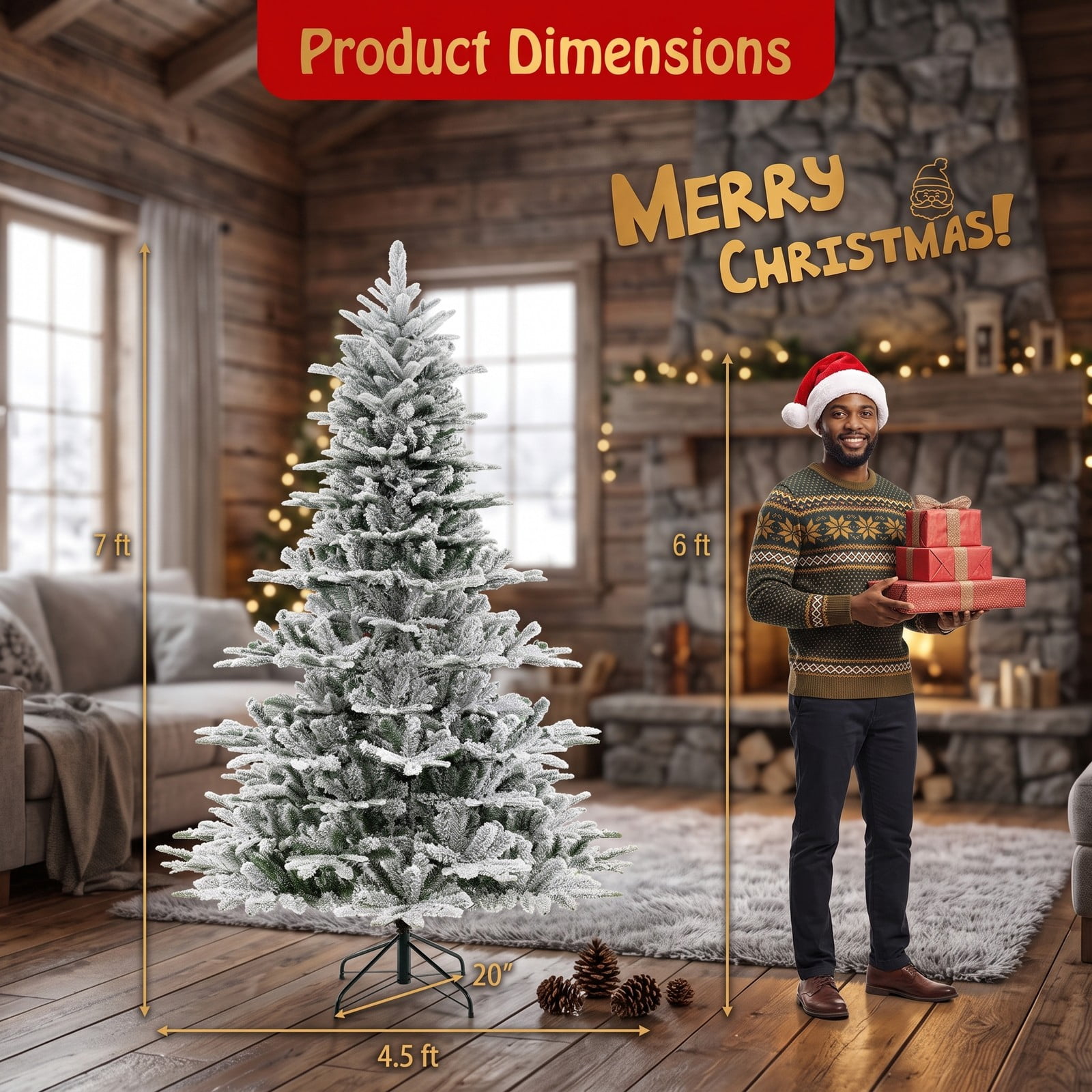 RUIE 7FT Snow Flocked Artificial Christmas Tree, Pre-Lit with 620 Cool White LED Lights, Remote & Timer, Hinged Metal Stand Holiday Tree, Green & White