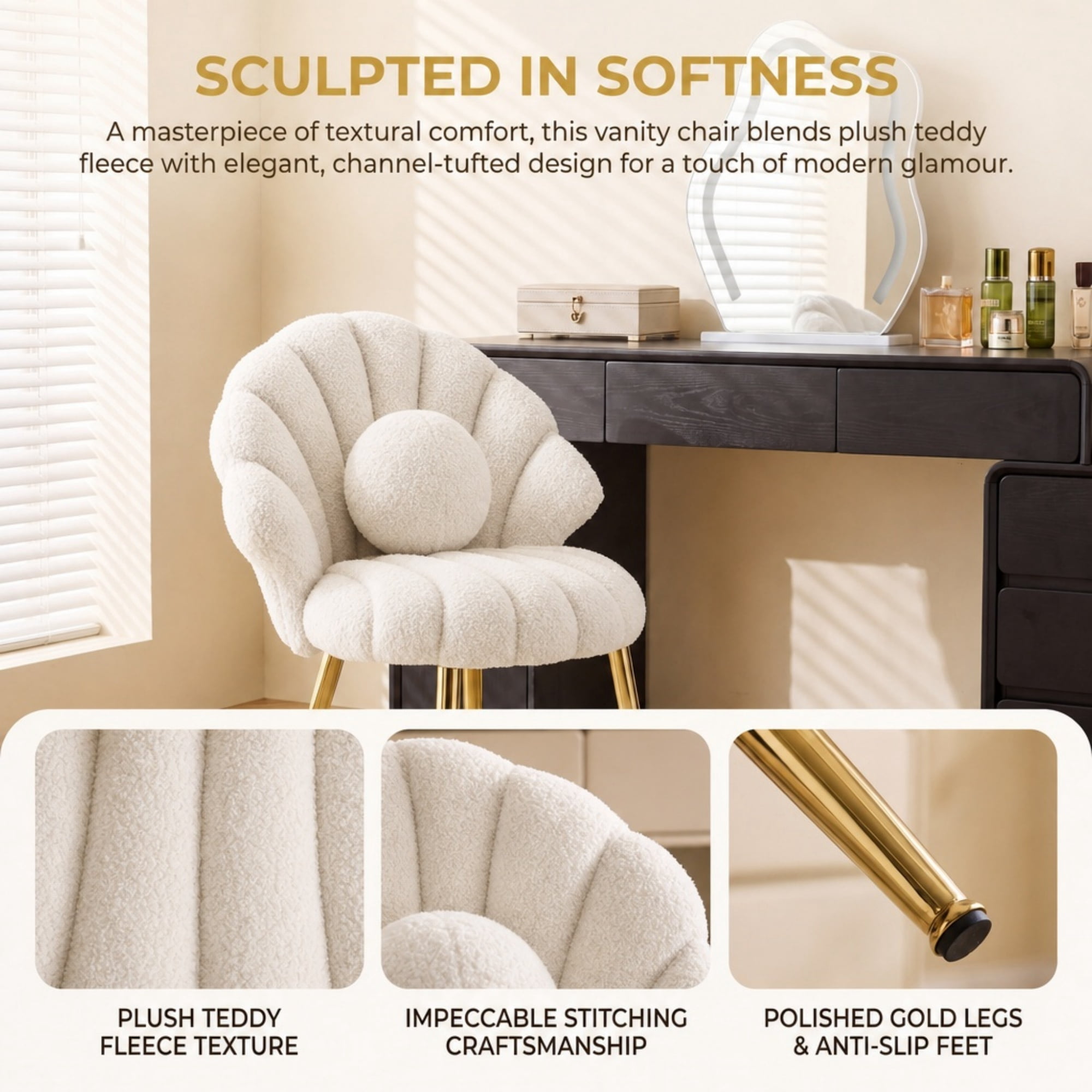Ktaxon Vanity Makeup Chair with Teddy Velvet, Shell Design Accent Desk Chair with Lumbar Pillow and Gold Legs, Office Seating for Women Light Khaki