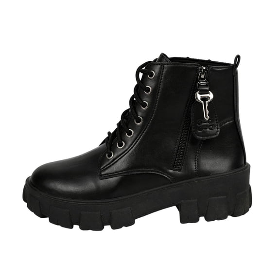 Puntoco Women's Lace-Up Combat Ankle Boots with Chunky Platform Heel Comfortable booties, side zipper Winter Short Boots Black