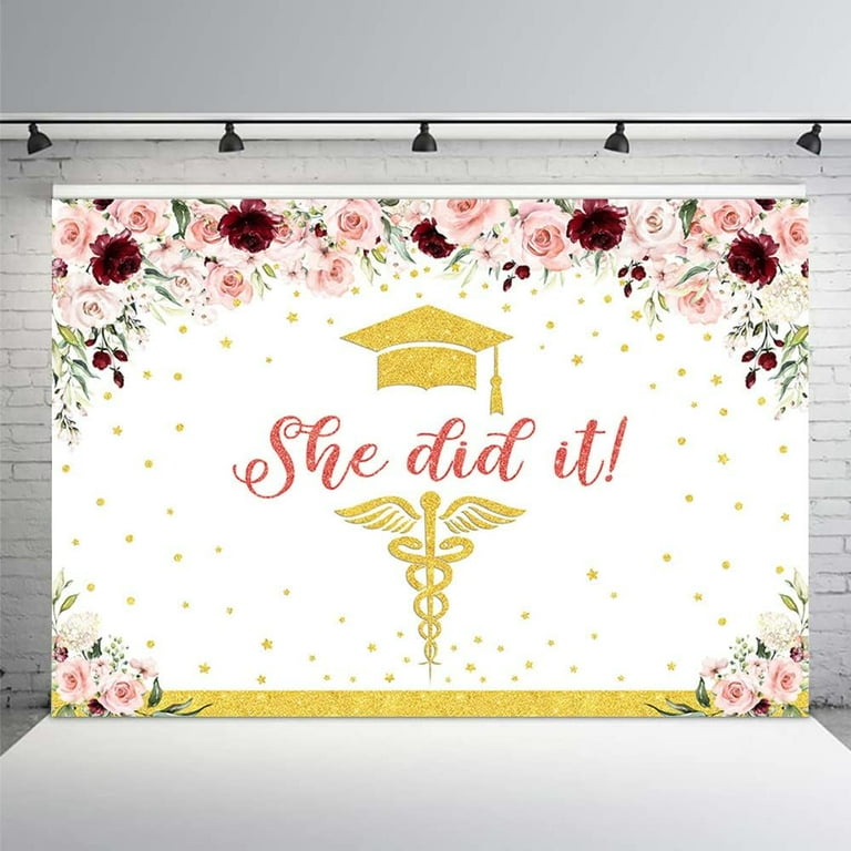 AIBIIN 7x5ft Nurse Graduation Backdrop She Did It Congratulations Graduates Blue Gold Glitter Photography Background Congrats Grads Class Of 2025 Prom Party Decorations Banner Photo Studio Props