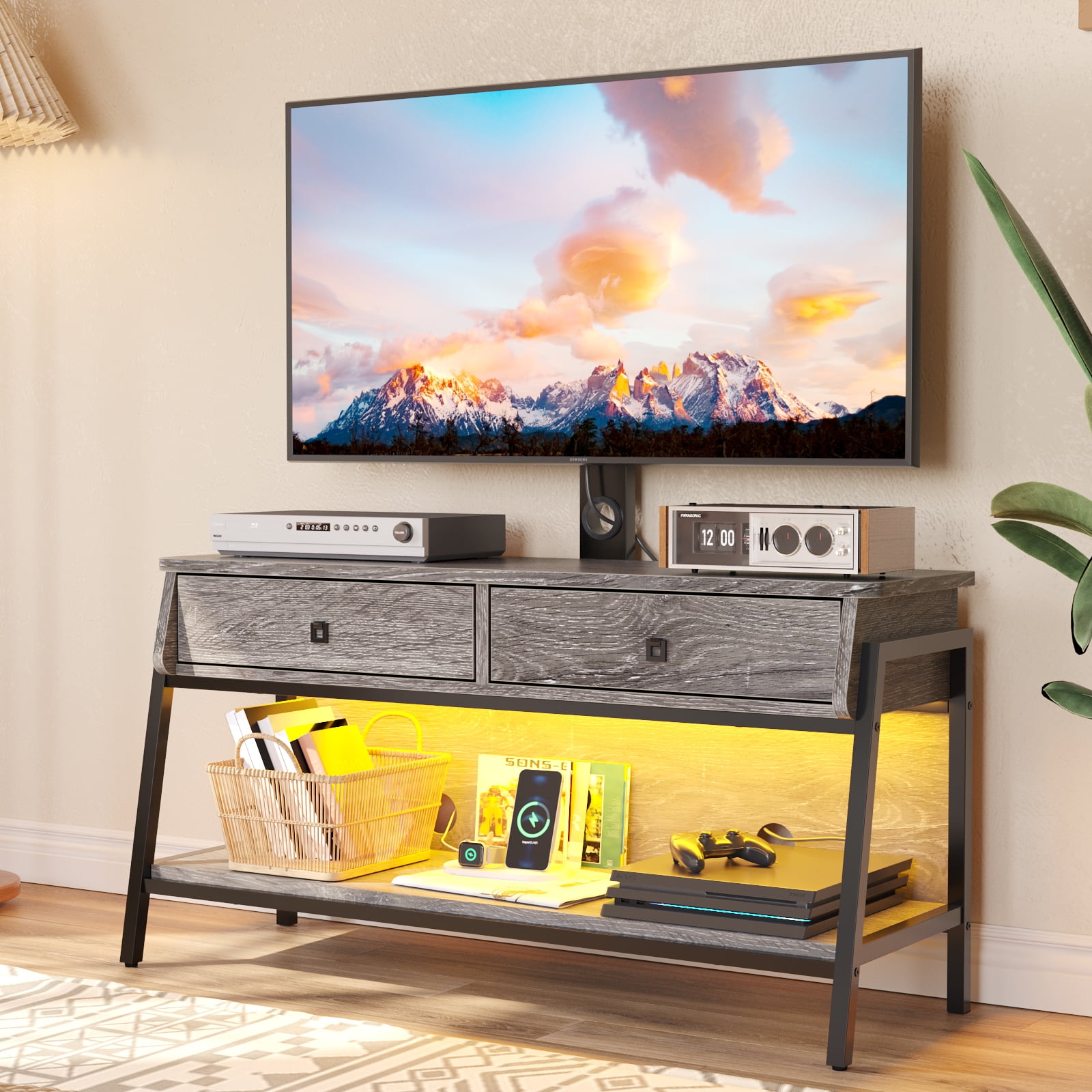 Bestier TV Stand for TVs up to 65" with Adjustable Wall Mount, Retro Grey Oak