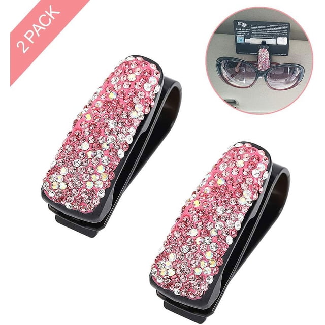Soporte para gafas de sol para visera de coche, paquete de 2, soporte para gafas con clip para colgar, soporte para gafas para coche con cristales brillantes y clip para tarjetas y billetes