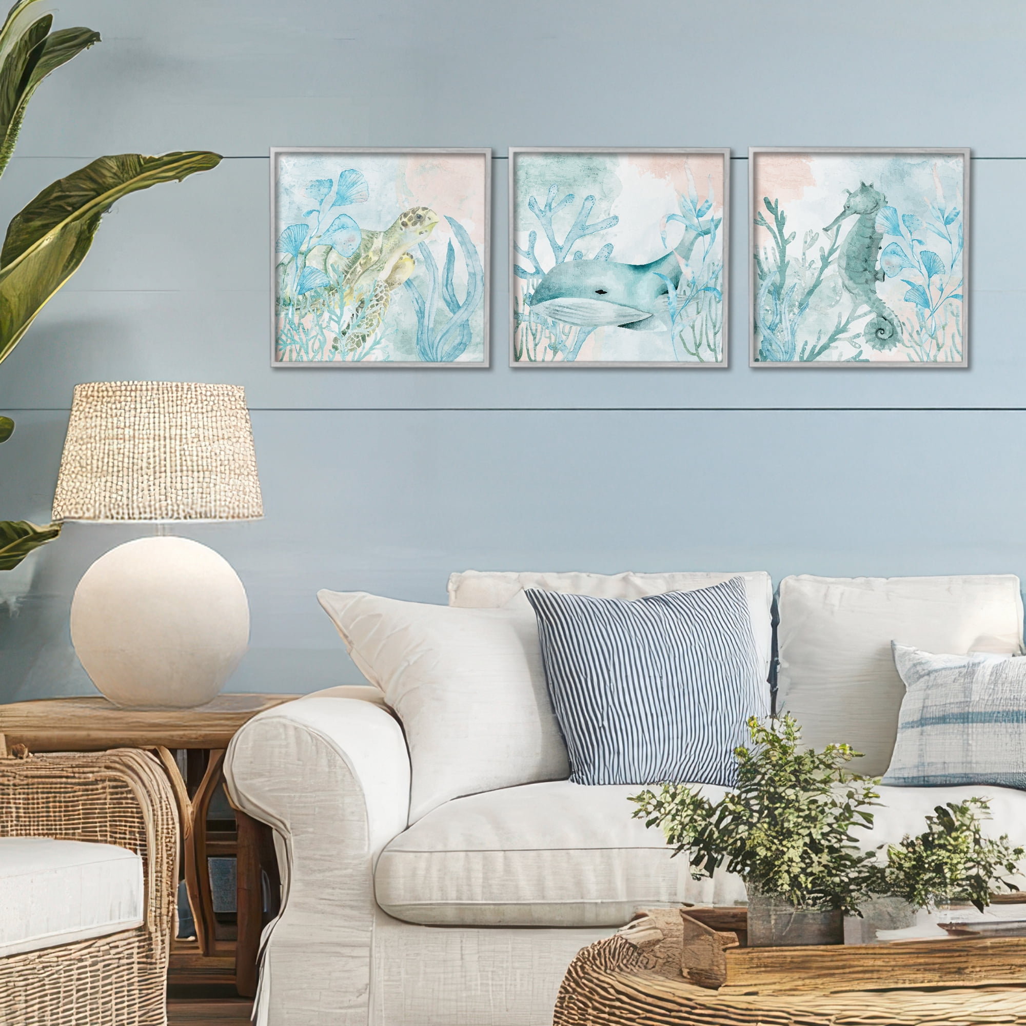 Stupell Industries Aquatic Animals Sea Swim 3 Piece Gray Framed Giclee Art Set, design by Kim Allen