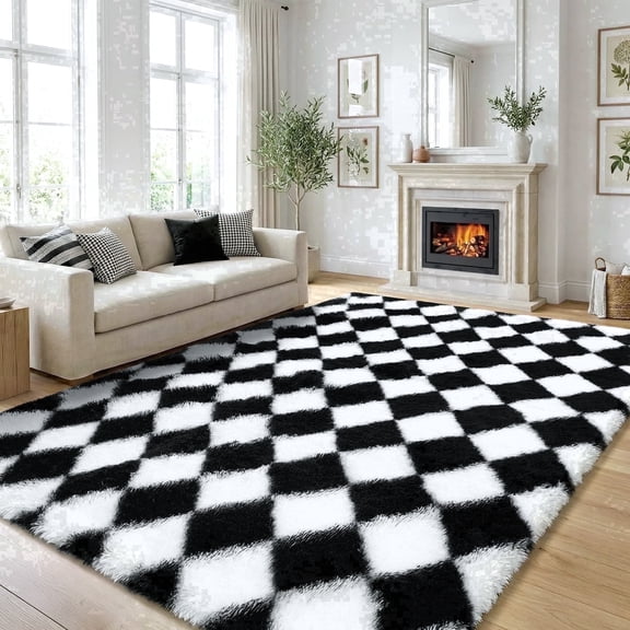 UNTIMATY 8'x10' Area Rugs for Living Room Bedroom, Large Shag Fluffy Rug Checkered Carpet, Black White