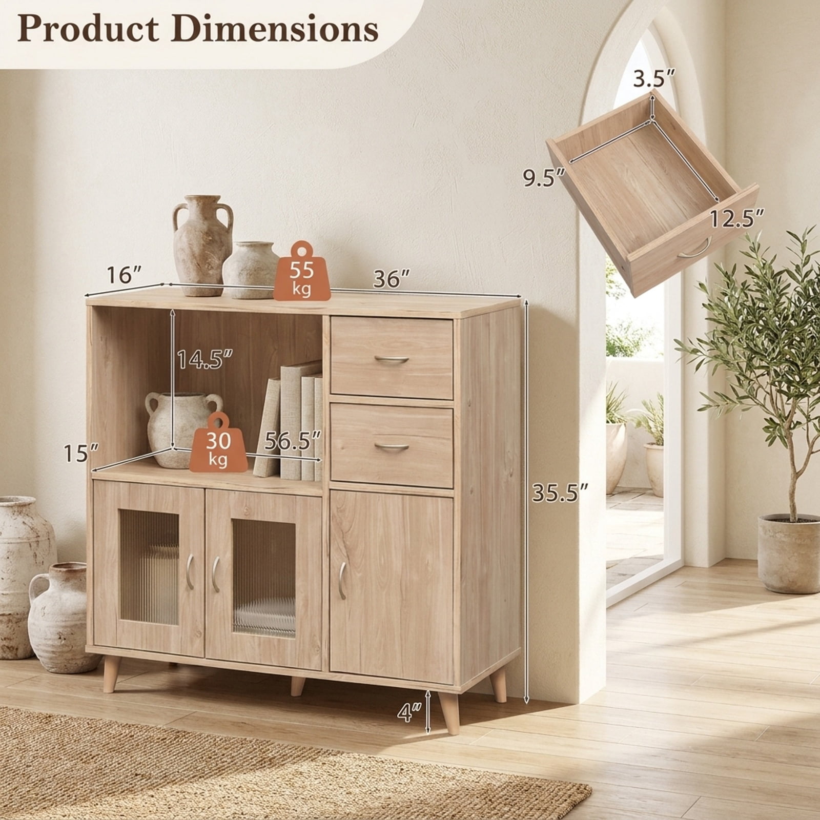 Furnibear 36 Inch Sideboard Buffet Cabinet with Open Compartment for Kitchen Dining Living Room Buffet Storage Server, Natural