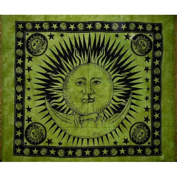 Celestial Tapestry Cotton Bedspread 92" x 82" Full Green