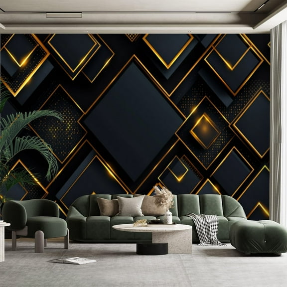 Peel and Stick Canvas Wallpaper Wall Mural Black Gold Geometric Stripe Decorative Repeated Patterns Radiating Wall Art Self Adhesive and Removable 100in x 144in