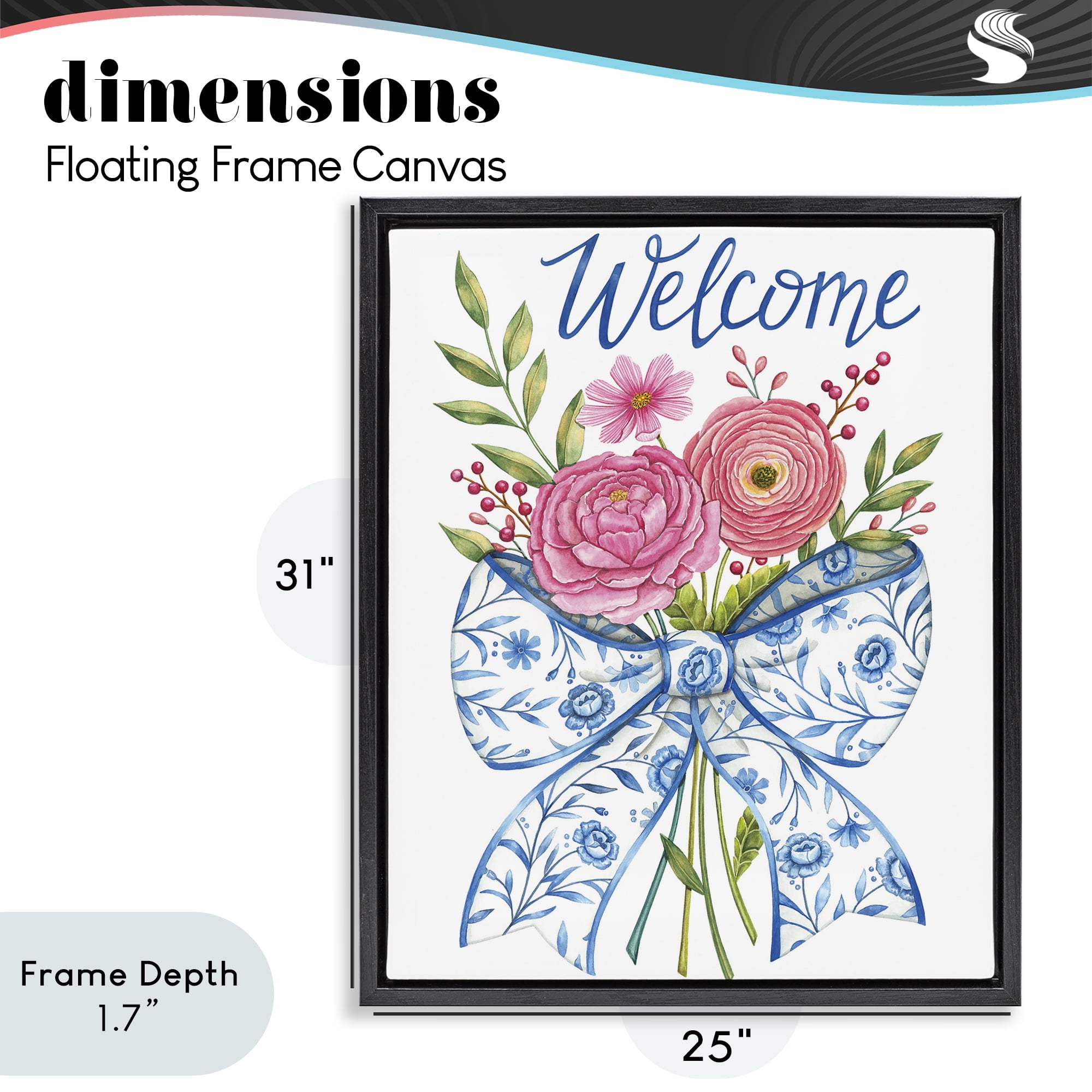Stupell Industries Bow & Flowers Welcome Black Framed Floater Canvas Wall Art, design by Deb Strain