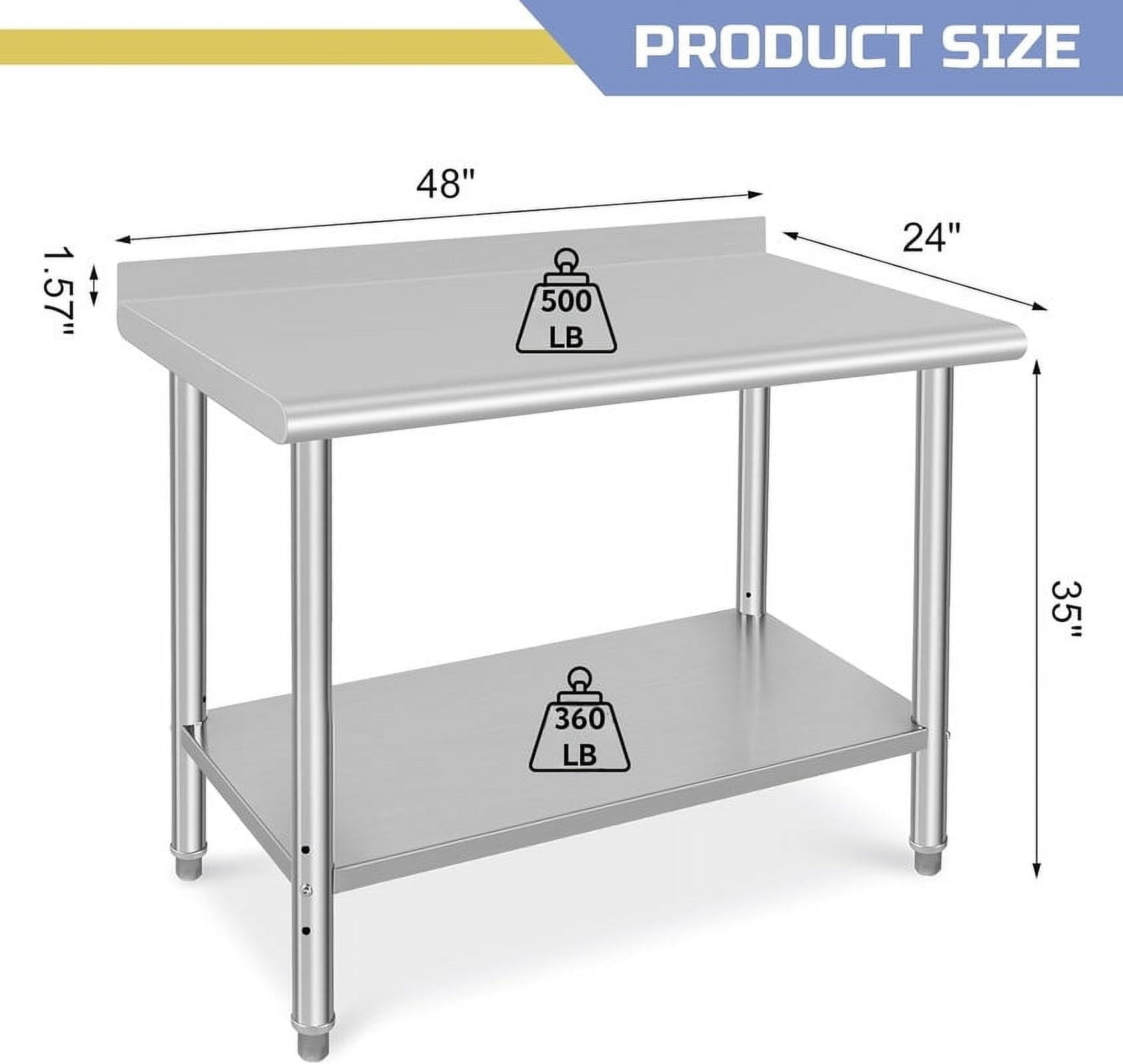 Stainless Steel Prep Table 48 x 24 Inch, Heavy Duty Commercial Kitchen Table with Backsplash & Shelf