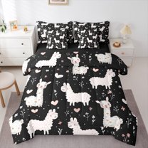 Manfei Funny Alpaca Teens Bedding Comforter Set 7-Piece, Kawaii Cartoon Animal King Bedding Sets, Cute Princess Love Heart Reversible Bed Sheets, Luxury Bedroom Decor
