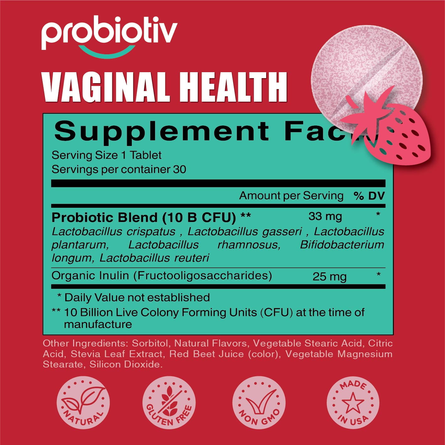 Probiotiv Chewable Vaginal Probiotics for Women – 10B CFU, pH Balance & Odor Support, Vaginal Health, 30 Strawberry Tablets
