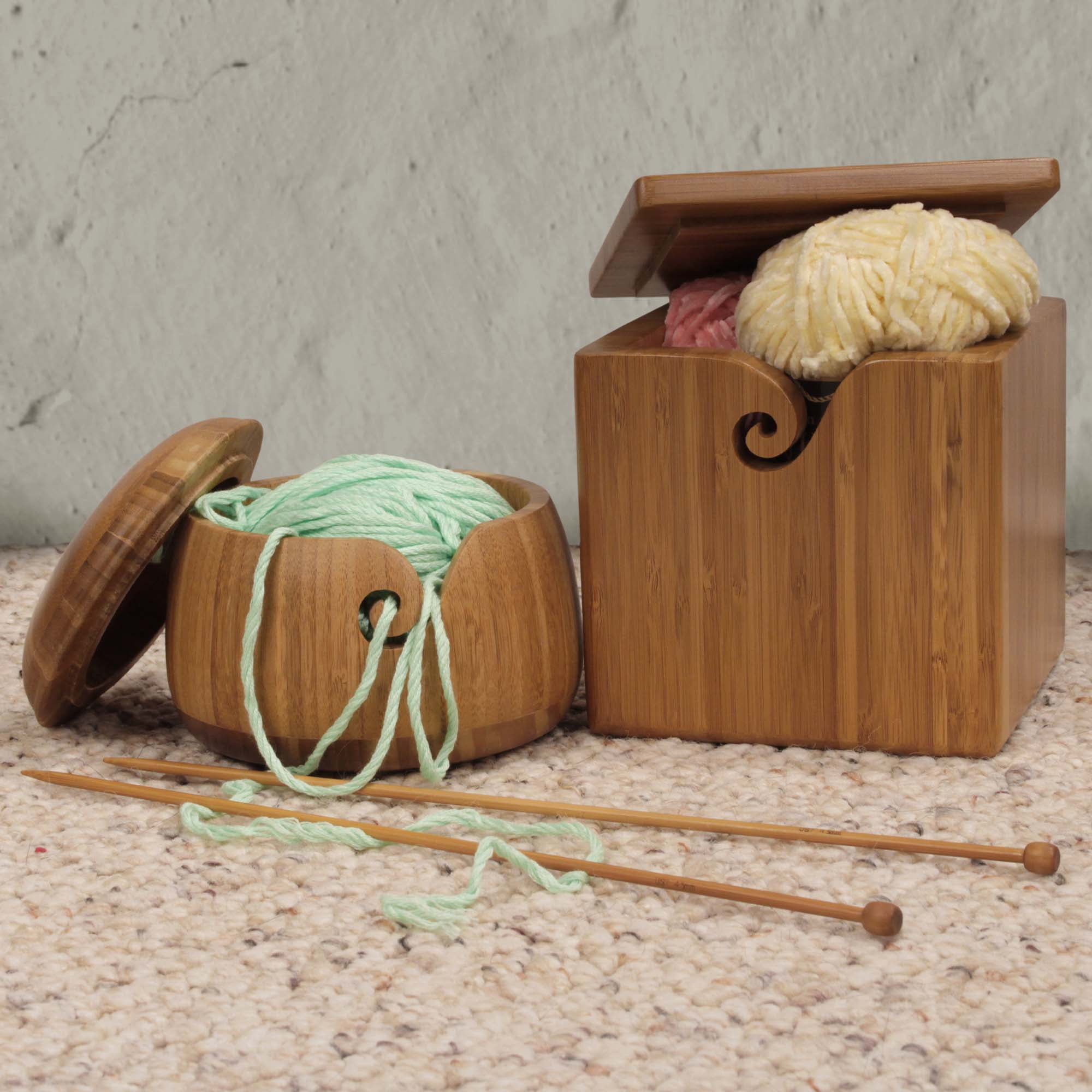 BambooMN Brand - Bamboo Yarn Bowl with Removable Lid -Yarn Holder for Knitting and Crochet - Carbonized Brown Box