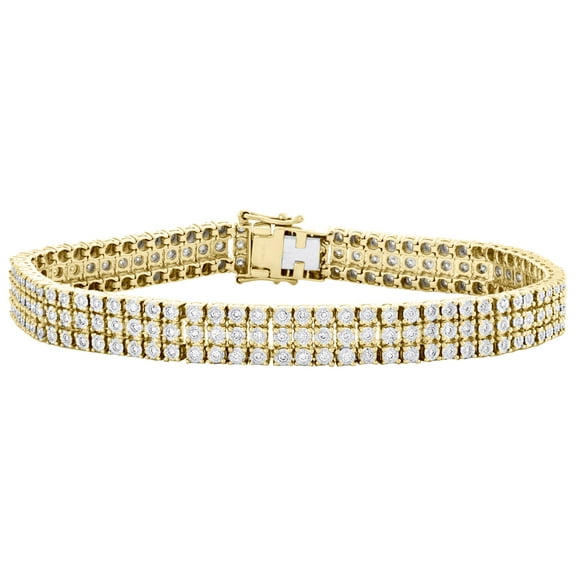 10K Yellow Gold Round Diamond 3 Row Miracle Set 9mm Statement Bracelet 2.50 CT.