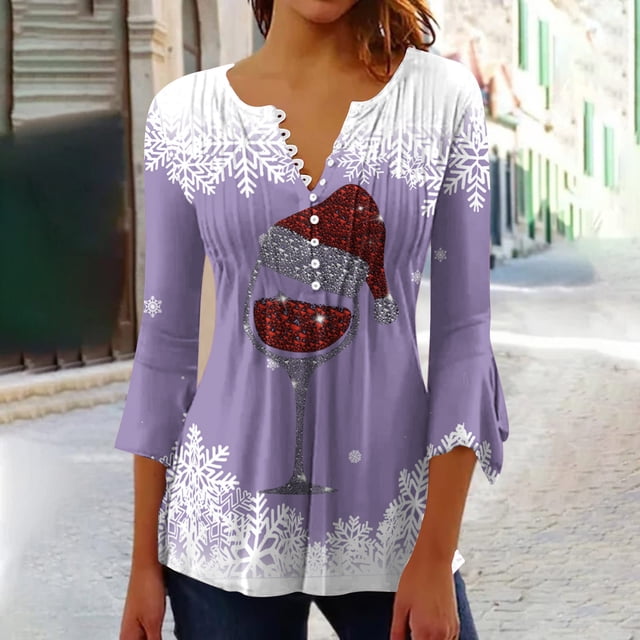 DPTALR Top Plissé à Manches 3/4 Imprimé V-neck pour Femme