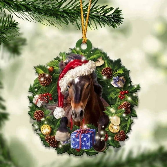 Acrylic 2D FLAT - Horse and Christmas Wreath Ornament gift for Horse lover ornament - Holiday Tree Decoration