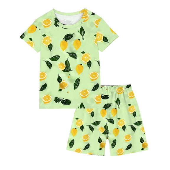 Girls Summer Outfits 2 Piece Set Lemon Print Short Sleeve Top Elastic Waist Shorts Soft Stretchy Breathable Kids Little Big Girls Multicolor,Size 13 T