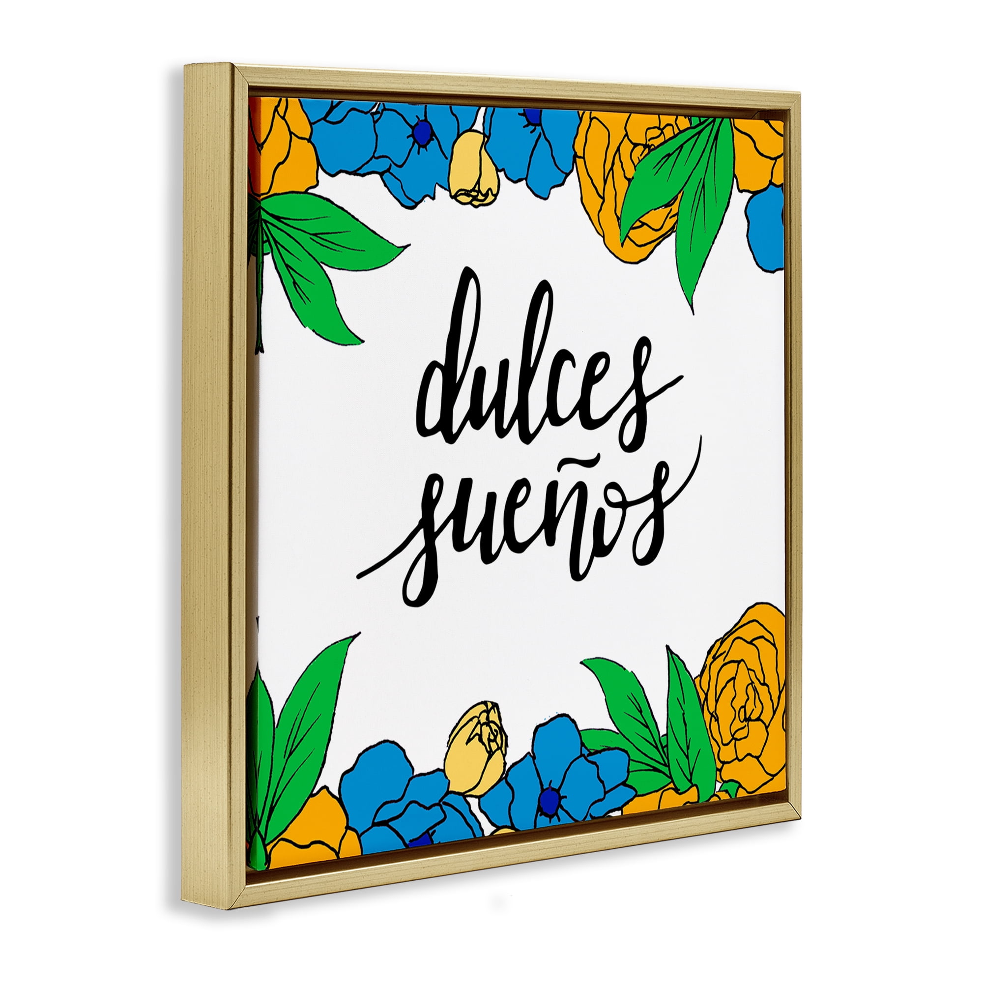 Stupell Industries Dulces Sueños Flores Tropicales Inspirational Quotes & Sayings Painting Gold Floater Framed Art Print Wall Art, 25 x 25