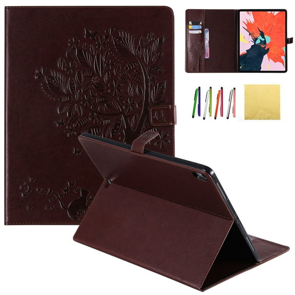 iPad Pro 12.9 2018 Case, Allytech Embossed Cat & Tree PU Leather Stand Folio Wallet Case Cover with Credit Card Slots for New Apple iPad Pro 12.9 Inch 3rd Gen 2018 Release, Coffee