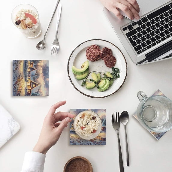 FMSHPON Merry Christmas Set of 8 Coaster for Drinks, Absorbent Ceramic Stone Coasters Cup Mat with Cork Base for Home Kitchen Room Coffee Table Bar Decor