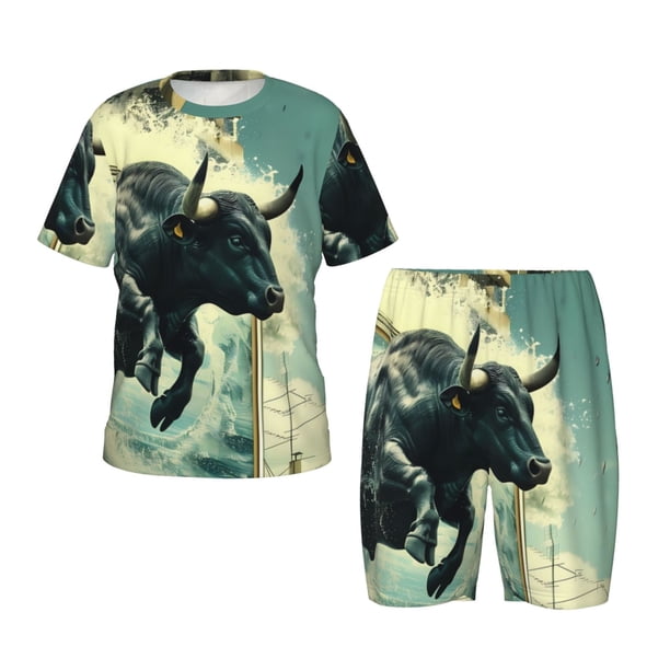Balery Bull Charging Through Waves Conjunto de Pijama Infantil de Manga Corta con Estampado – Ropa de Dormir de Algodón Suave-3X-Large