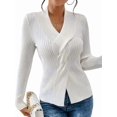 thumbnail image 3 of Sweaters for Women Fall Long Sleeve V Neck Ribbed Knit Sweater Slim Fit Solid Basic Casual Tops White M, 3 of 10
