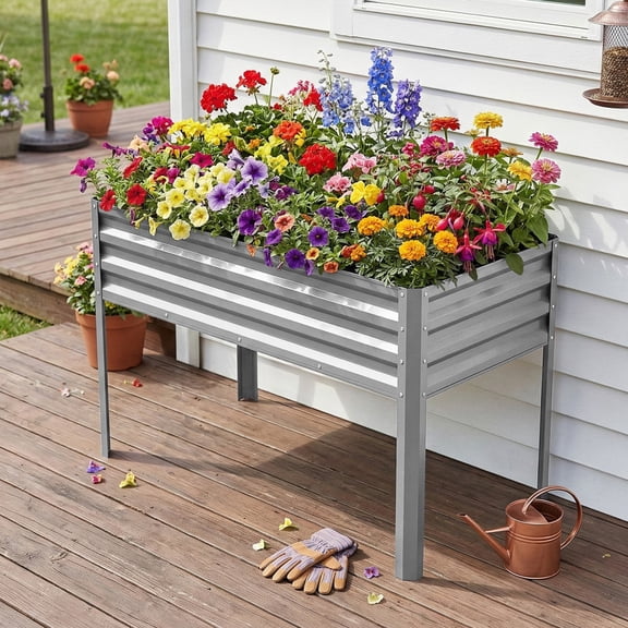 Patiobula Raised Garden Bed with Legs, 48x24x30in Metal Elevated Garden Planter Box for Herbs Flowers Vegetables - Sliver