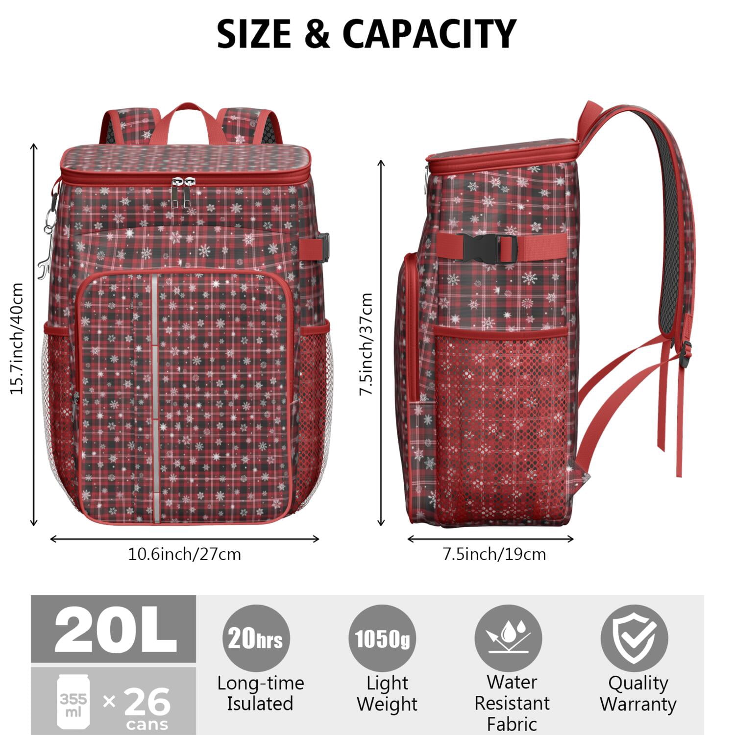 Travel Cooler Bag - Red Christmas Plaid and Snowflake Pattern Camping Beer Cooler Backpack with Bottle Opener- Waterproof Insulated Picnic Backpacks - Cooler Bag for Beach
