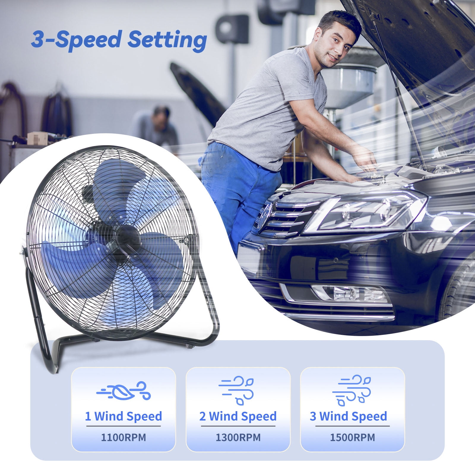 Unbranded 20 Inch High Velocity Industrial Floor Fan, Heavy Duty 3-Speed Metal Cooling Cradle Fans with 360-Degree Tilt for Workshop, Warehouse, Garage, Room