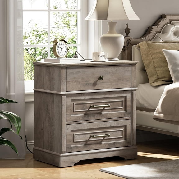 RALGEND Farmhouse Tall Nightstand with Charging Station, Large Bedside Table with 3 Drawers, End Table & Side Table, Wide Night Stand for Living Room, Greige