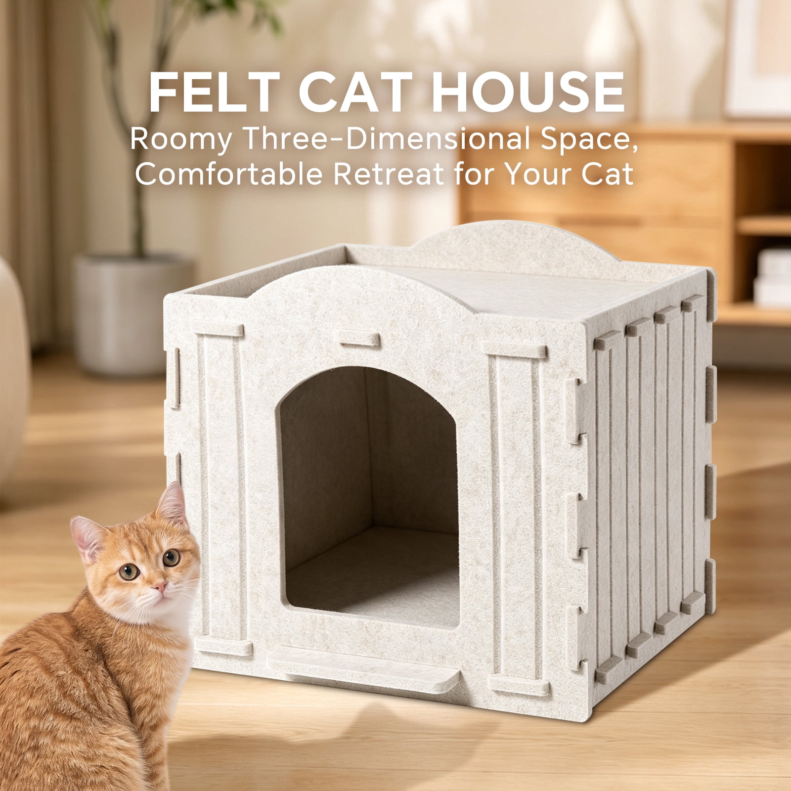 Soft Felt Cat Cave House for Indoor Cats, Comfortable Enclosed Cat Hideout Shelter, Sturdy Breathable Felt Cat Bed for Kitten & Adult Cats